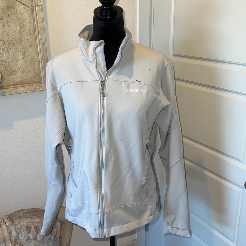 Patagonia polar tech zip up running waterproof breathable light gray jacket Sz L